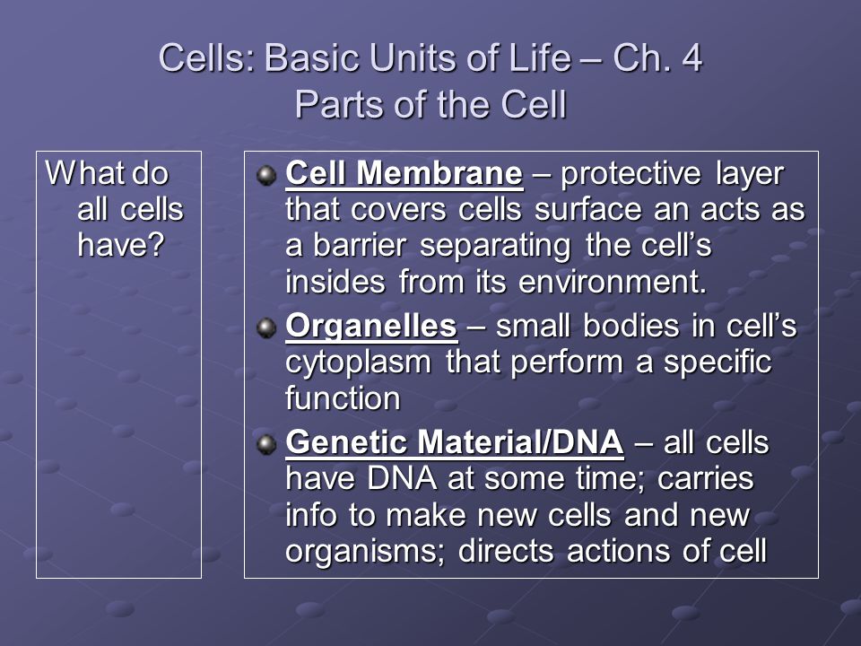 Cells: Basic Units of Life – Ch. 4 Parts of the Cell