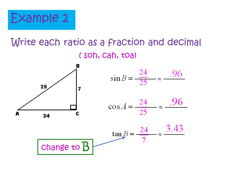 Example 2 Write each ratio as a fraction and decimal ( soh, cah, toa)