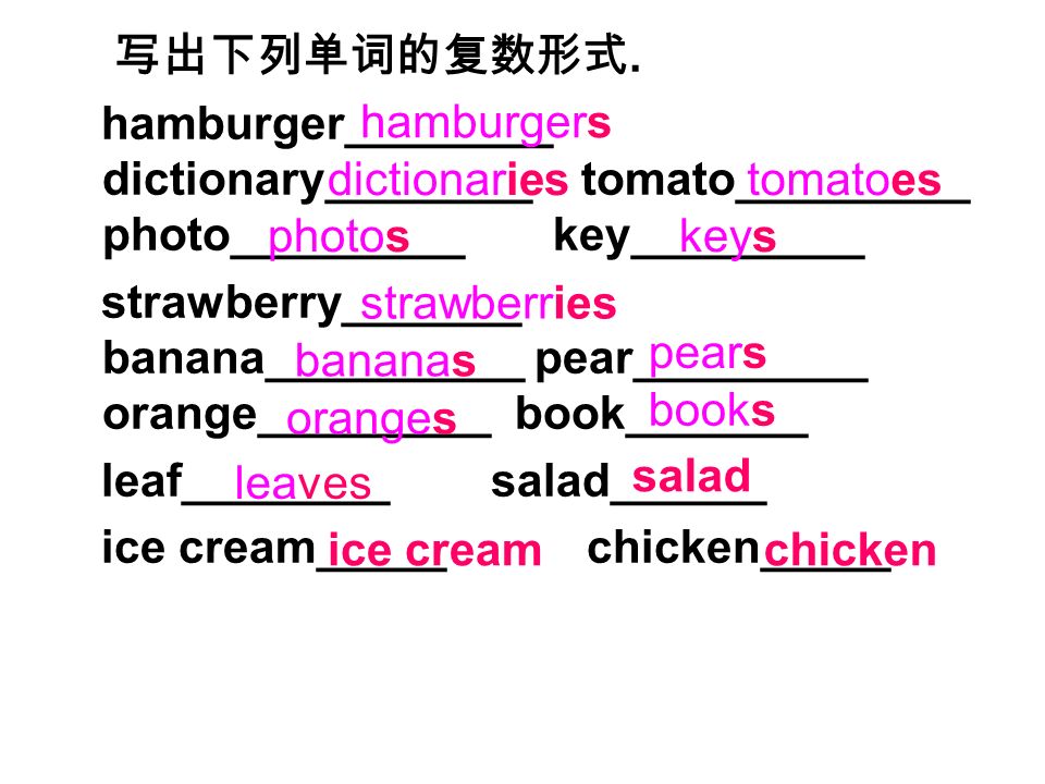 写出下列单词的复数形式. hamburger________ dictionary________ tomato_________ photo_________ key_________.