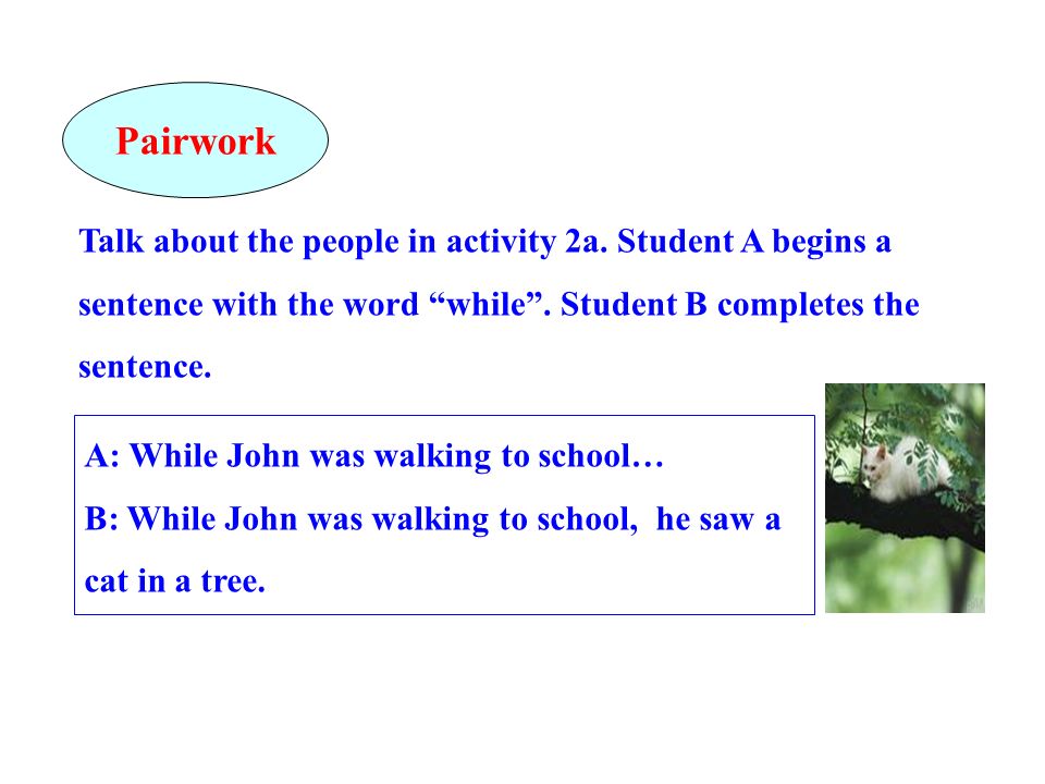 Pairwork Talk about the people in activity 2a. Student A begins a sentence with the word while . Student B completes the sentence.