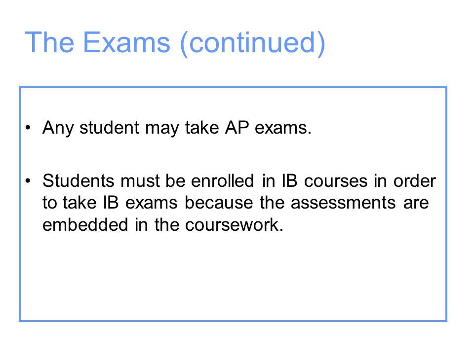 The Exams (continued) Any student may take AP exams.