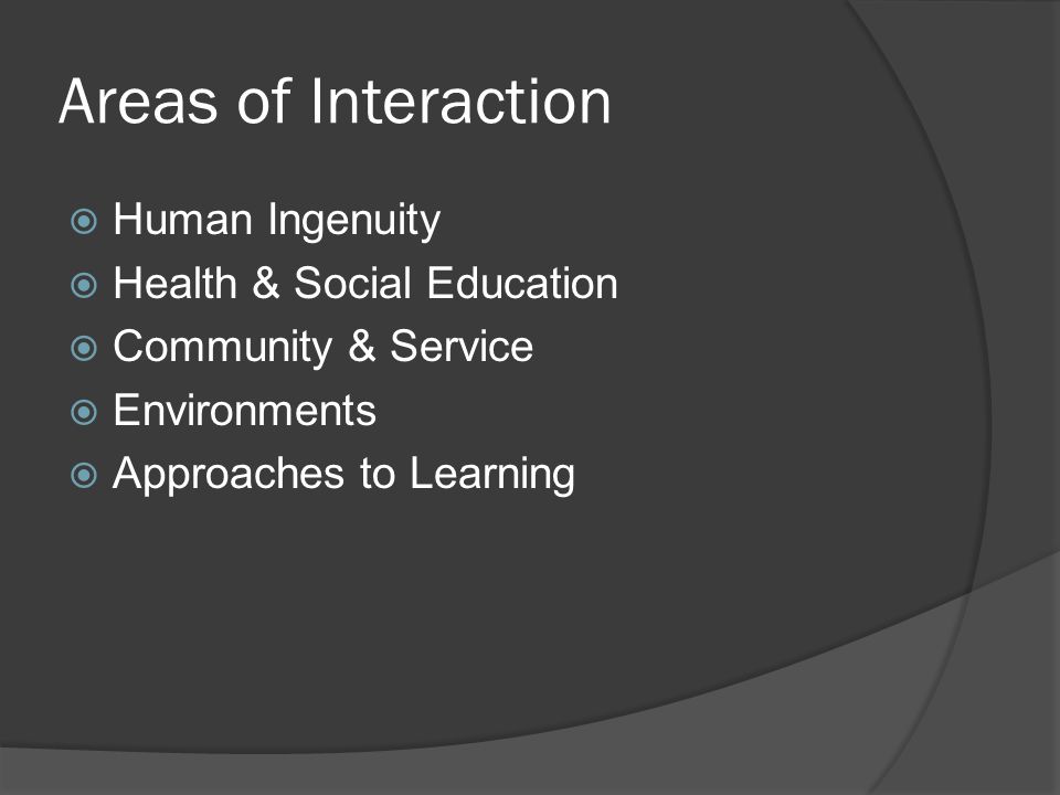 Areas of Interaction Human Ingenuity Health & Social Education