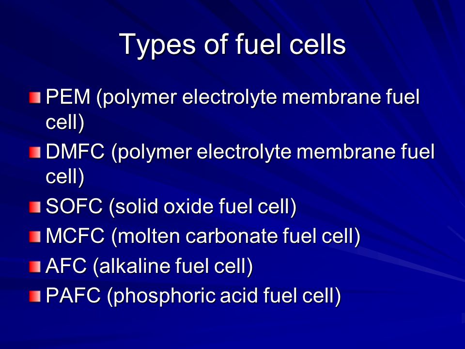 Types of fuel cells PEM (polymer electrolyte membrane fuel cell)