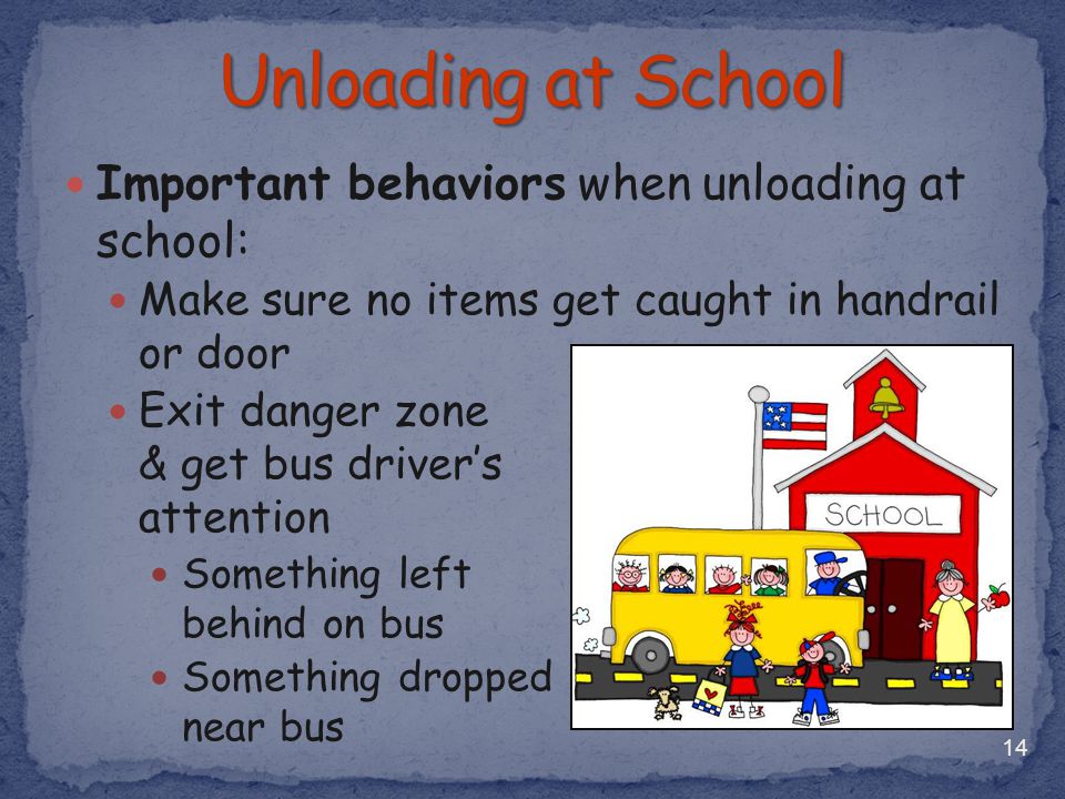 Unloading at School Important behaviors when unloading at school: