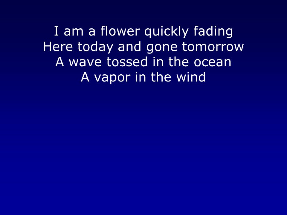 I am a flower quickly fading Here today and gone tomorrow A wave tossed in the ocean A vapor in the wind