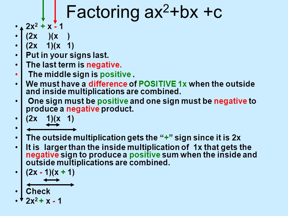 Factoring ax2+bx +c 2x2 + x - 1 (2x )(x ) (2x 1)(x 1)