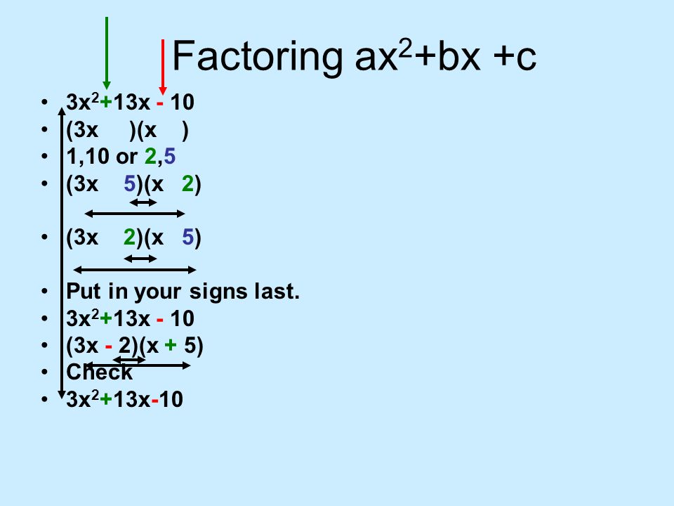 Factoring ax2+bx +c 3x2+13x - 10 (3x )(x ) 1,10 or 2,5 (3x 5)(x 2)