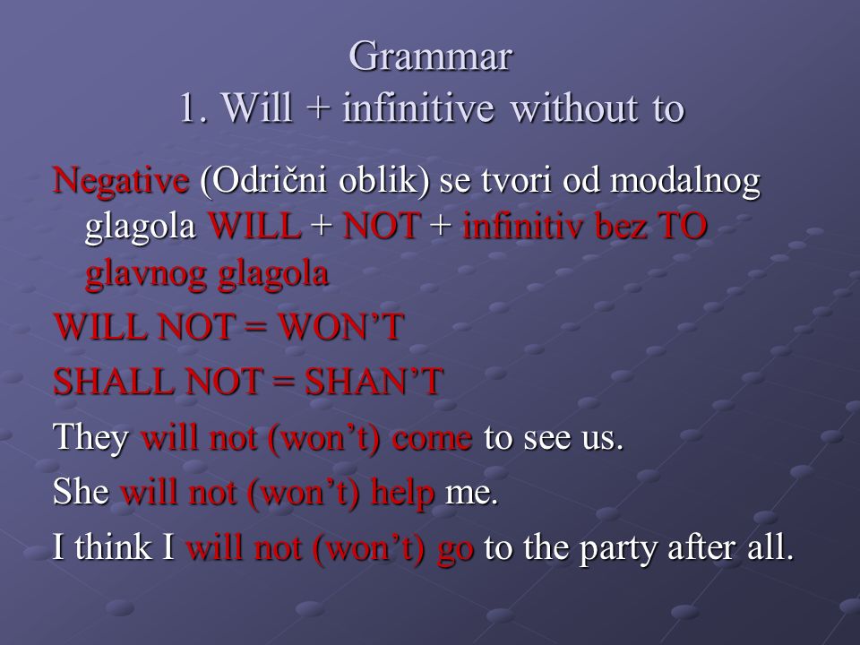 Grammar 1. Will + infinitive without to