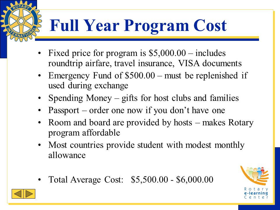 Full Year Program Cost Fixed price for program is $5, – includes roundtrip airfare, travel insurance, VISA documents.