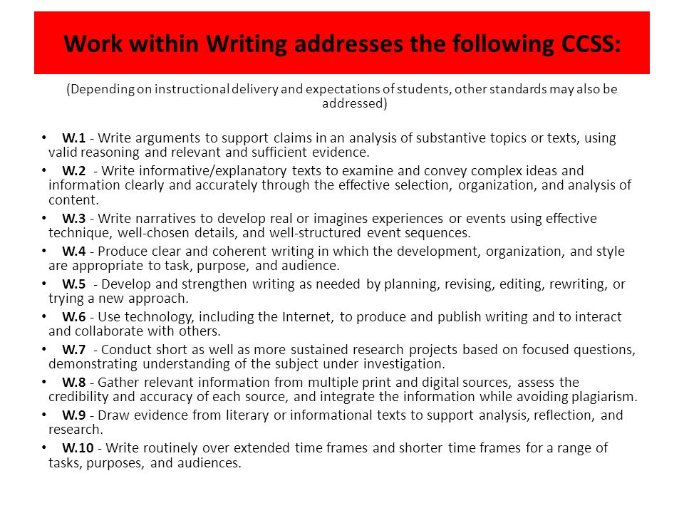 Work within Writing addresses the following CCSS: