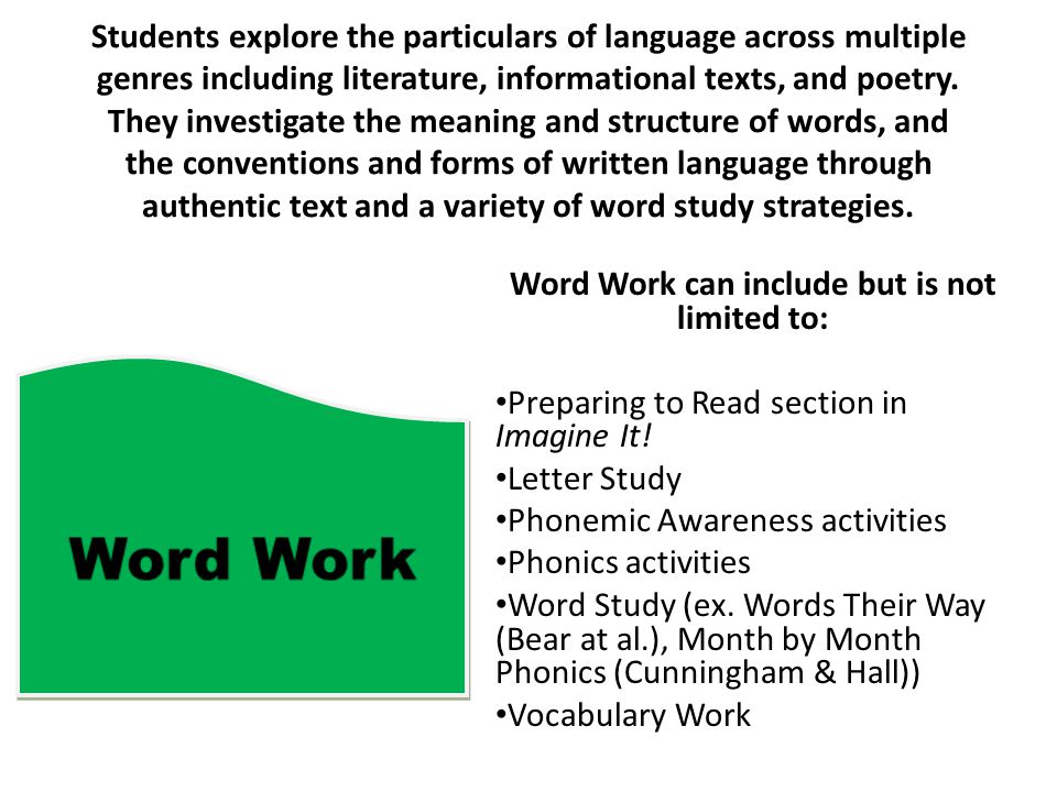 Word Work can include but is not limited to: