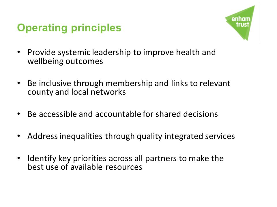 Operating principles Provide systemic leadership to improve health and wellbeing outcomes.