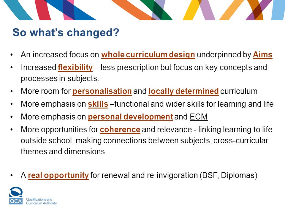 So what’s changed An increased focus on whole curriculum design underpinned by Aims.