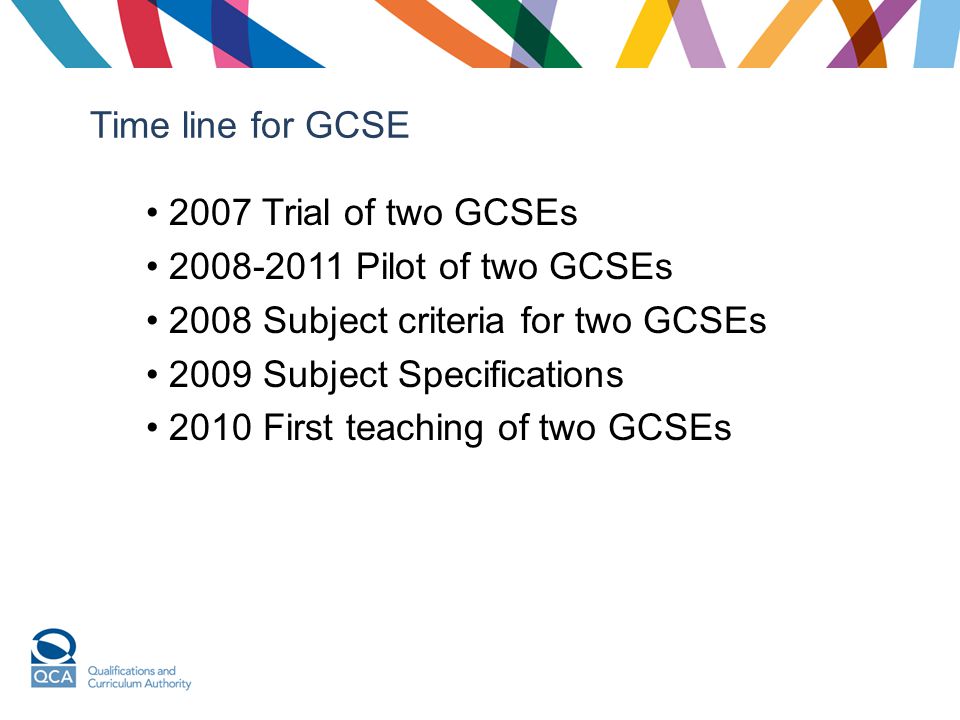 Time line for GCSE 2007 Trial of two GCSEs Pilot of two GCSEs Subject criteria for two GCSEs.
