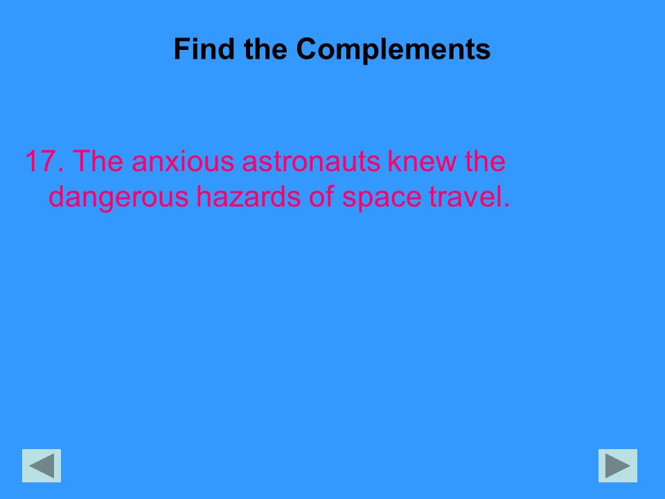Find the Complements 17. The anxious astronauts knew the dangerous hazards of space travel.