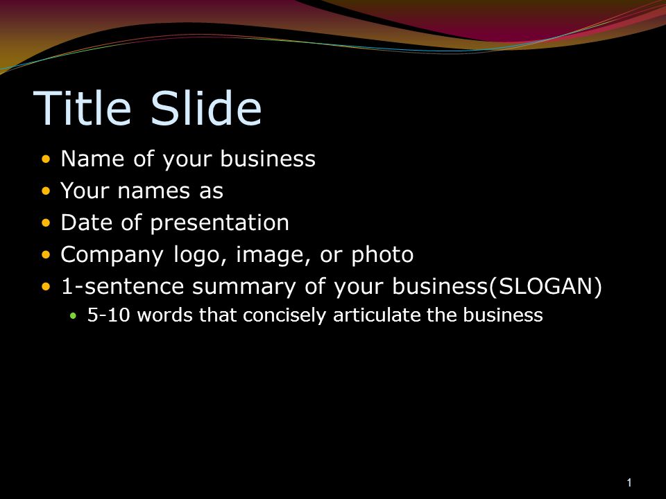Title Slide Name of your business Your names as Date of presentation