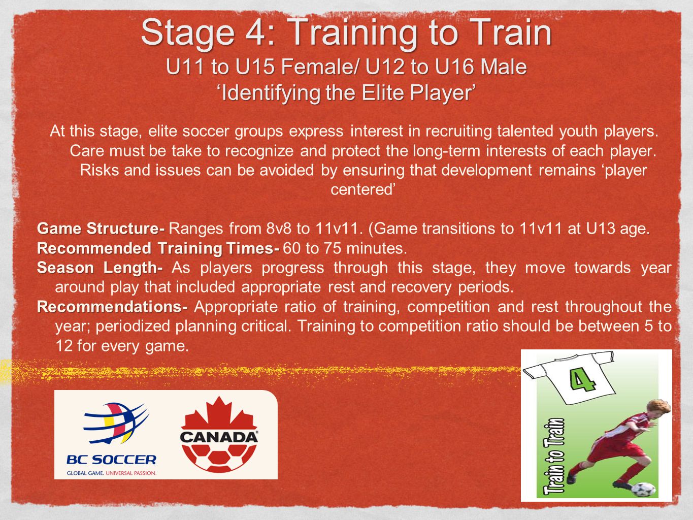 Stage 4: Training to Train U11 to U15 Female/ U12 to U16 Male ‘Identifying the Elite Player’