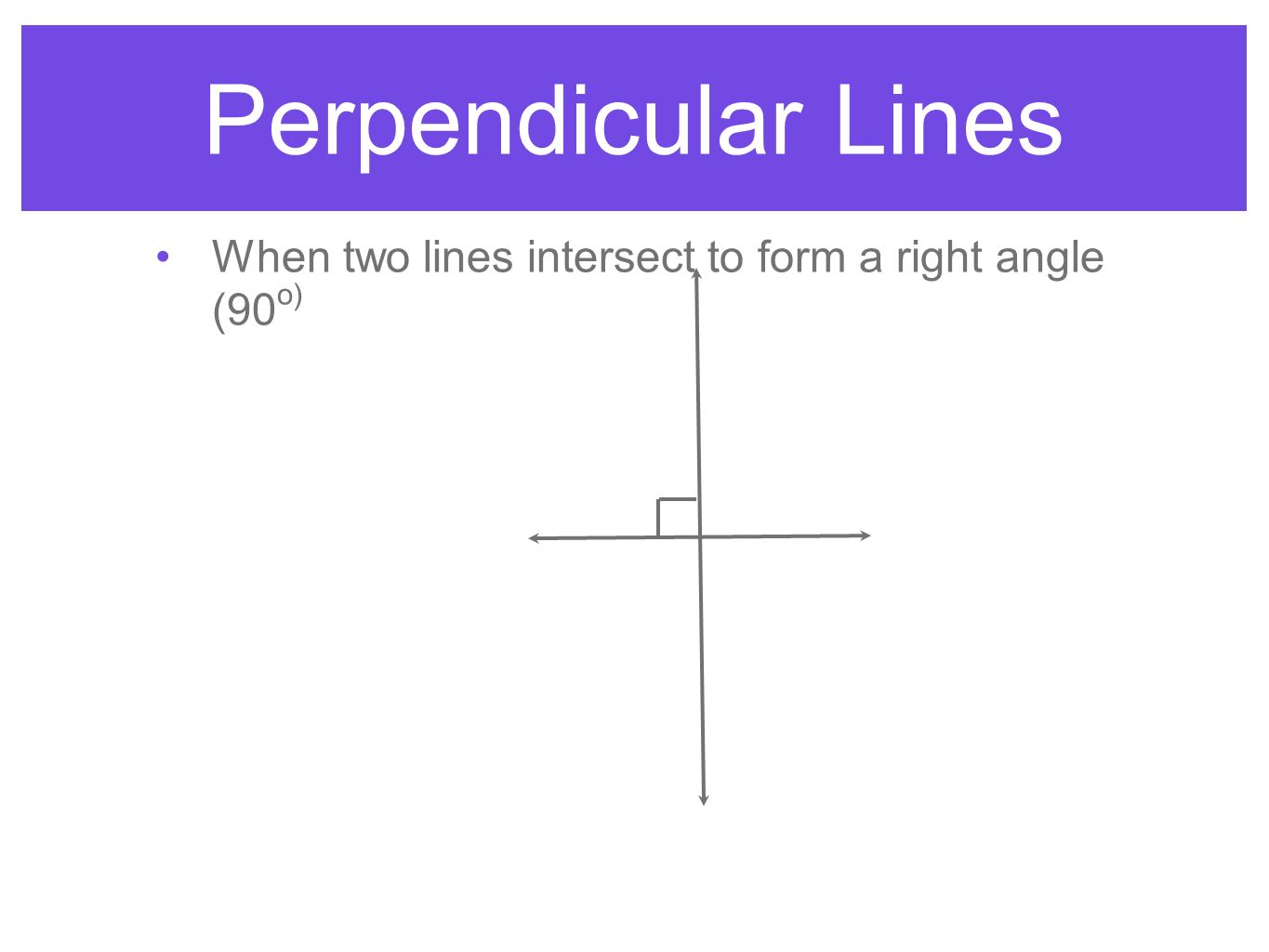 Perpendicular Lines When two lines intersect to form a right angle (90o)