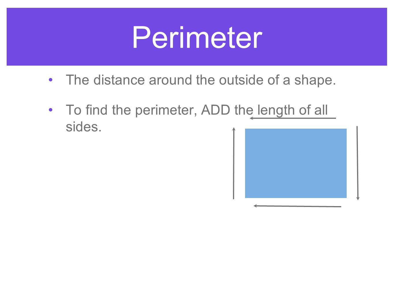 Perimeter The distance around the outside of a shape.