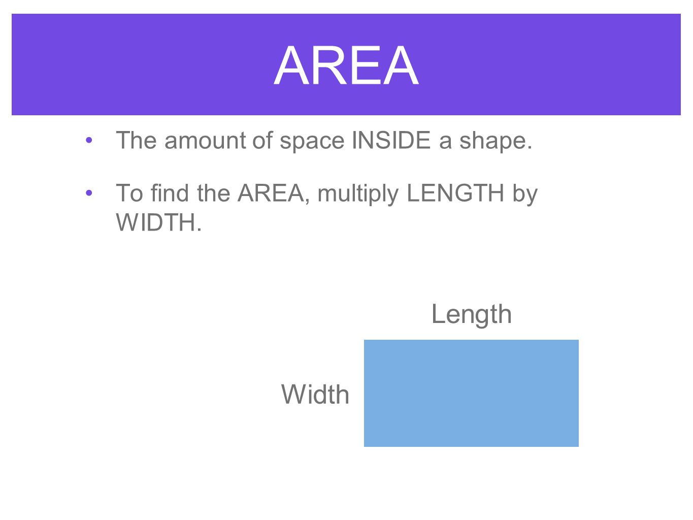 AREA Length Width The amount of space INSIDE a shape.