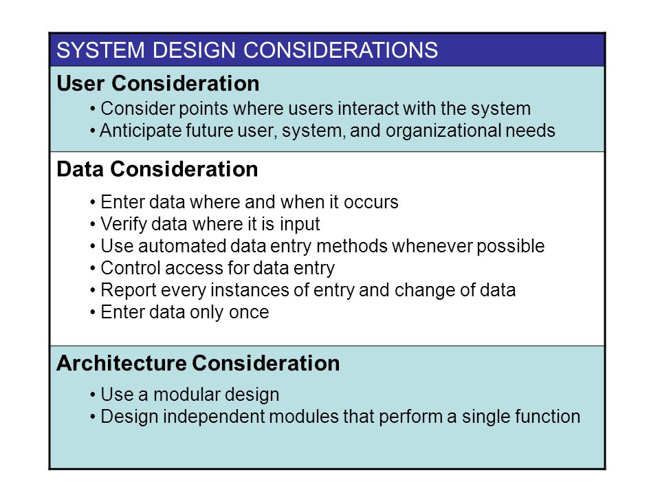 SYSTEM DESIGN CONSIDERATIONS User Consideration