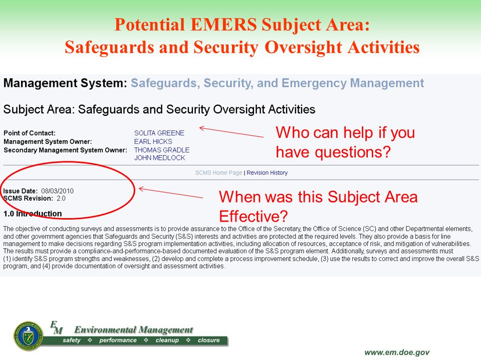 Potential EMERS Subject Area: Safeguards and Security Oversight Activities
