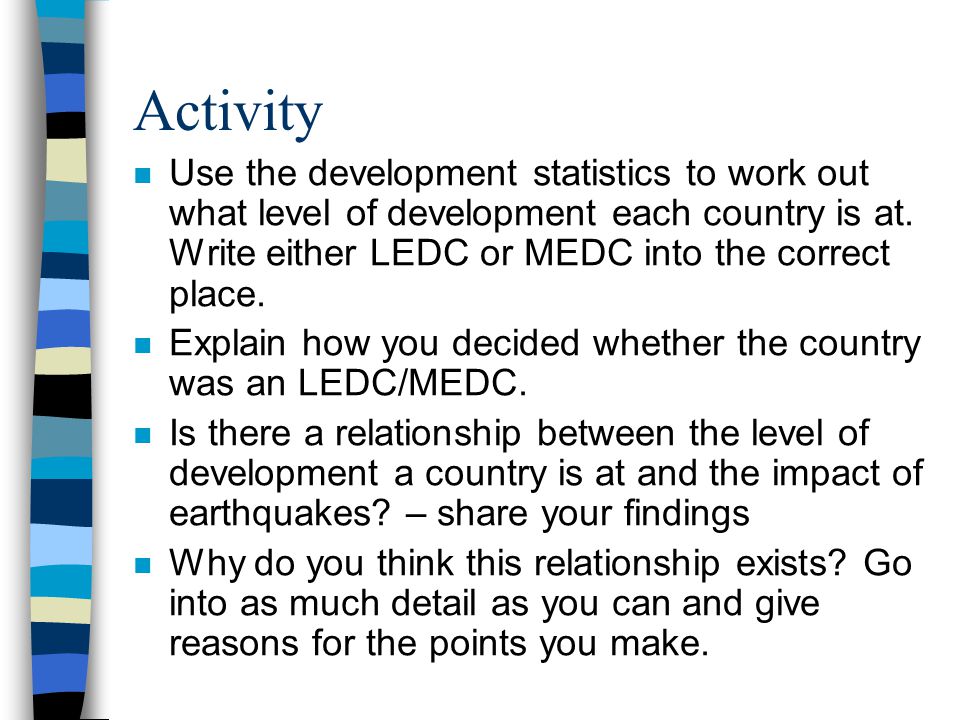 Activity Use the development statistics to work out what level of development each country is at. Write either LEDC or MEDC into the correct place.