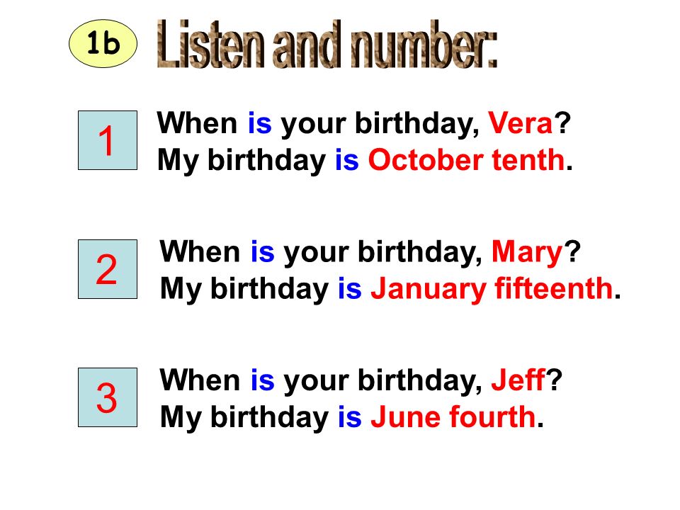 1 2 3 Listen and number: 1b When is your birthday, Vera