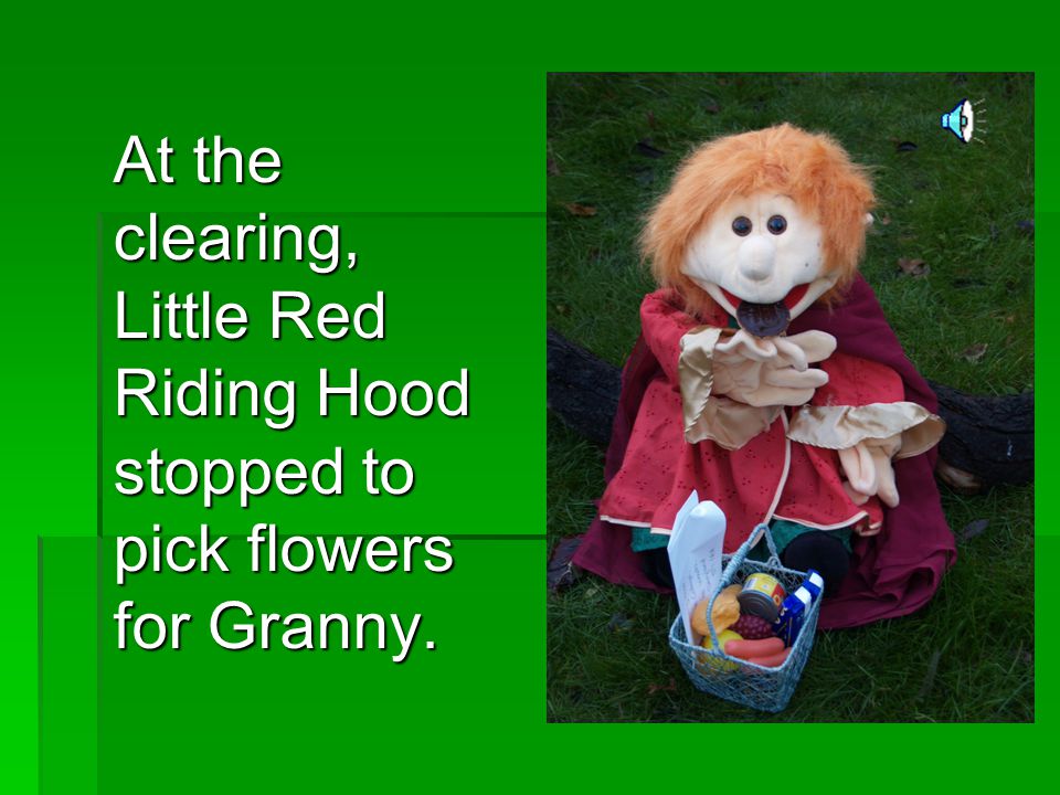At the clearing, Little Red Riding Hood stopped to pick flowers for Granny.