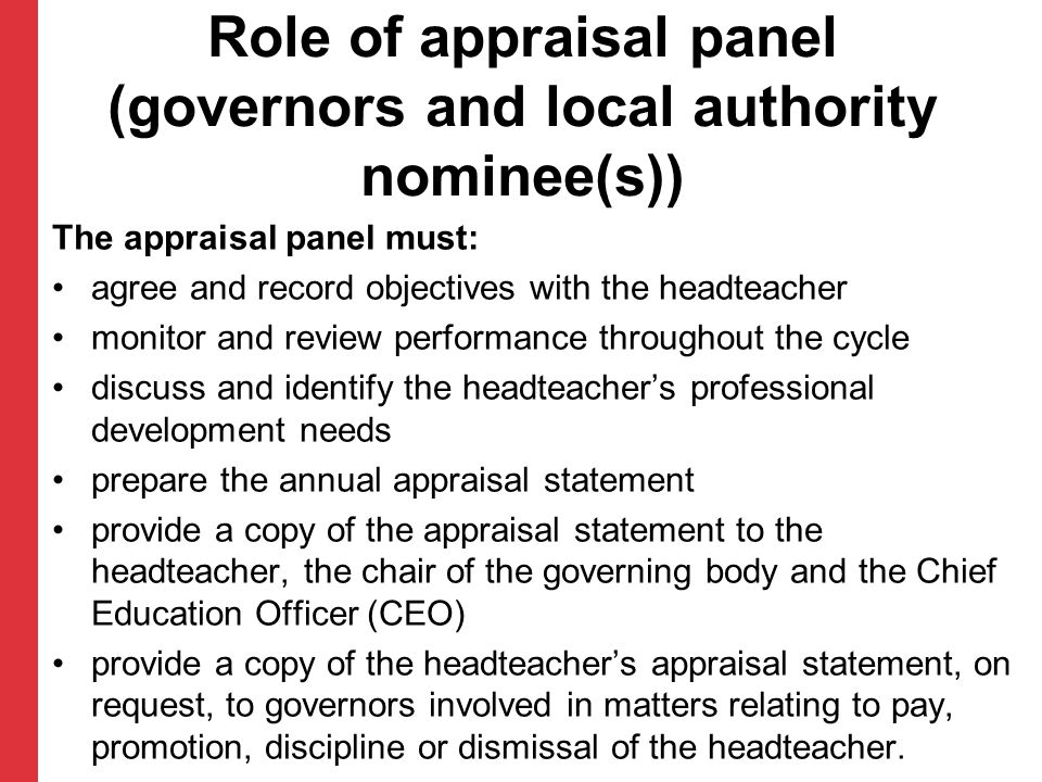 Role of appraisal panel (governors and local authority nominee(s))