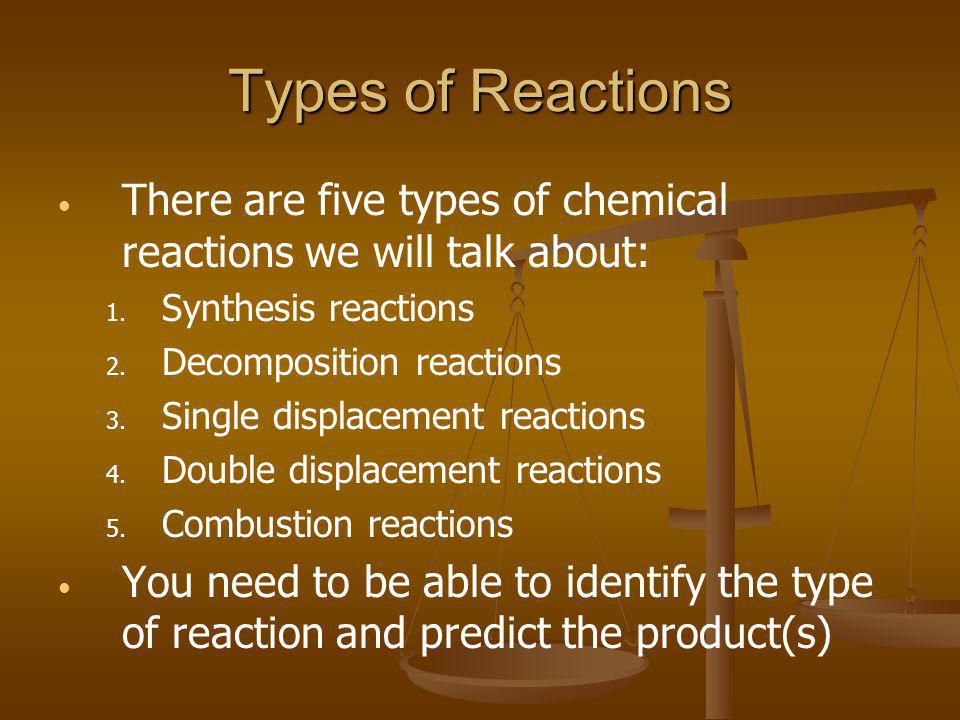 Types of Reactions There are five types of chemical reactions we will talk about: Synthesis reactions.