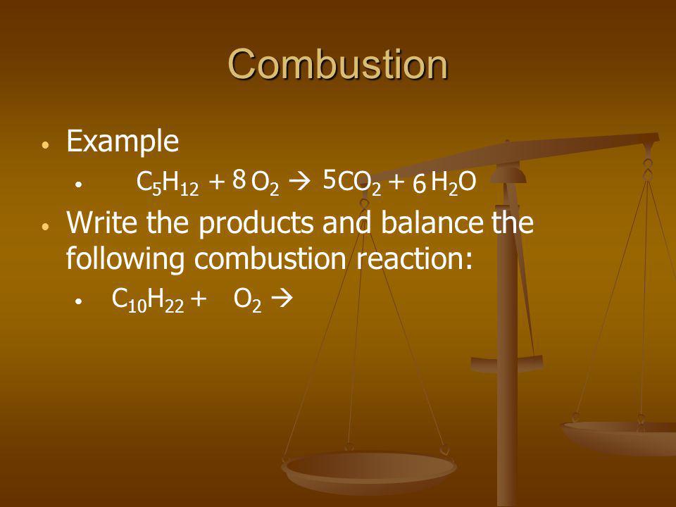 Combustion Example. C5H12 + O2  CO2 + H2O. Write the products and balance the following combustion reaction: