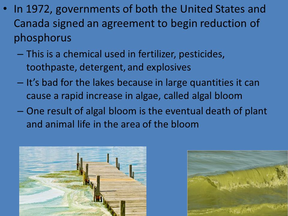 In 1972, governments of both the United States and Canada signed an agreement to begin reduction of phosphorus