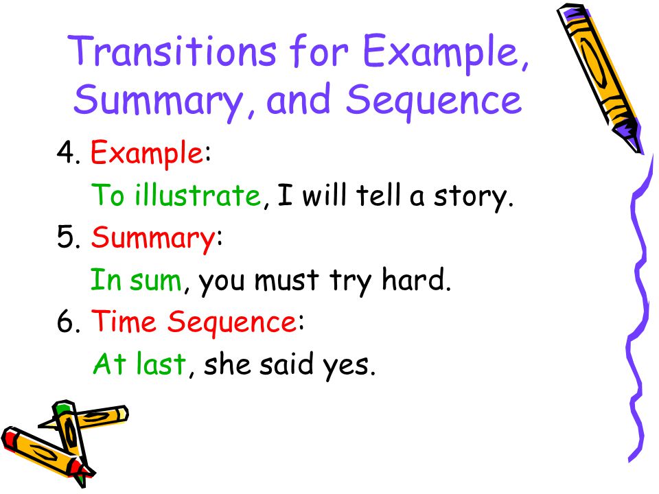 Transitions for Example, Summary, and Sequence