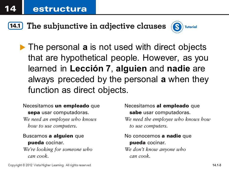 The personal a is not used with direct objects that are hypothetical people. However, as you learned in Lección 7, alguien and nadie are always preceded by the personal a when they function as direct objects.