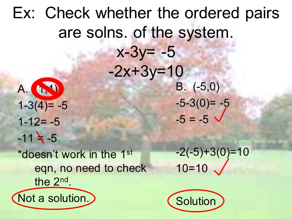 Ex: Check whether the ordered pairs are solns. of the system