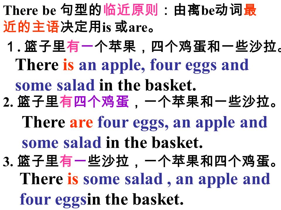 There is an apple, four eggs and some salad in the basket.