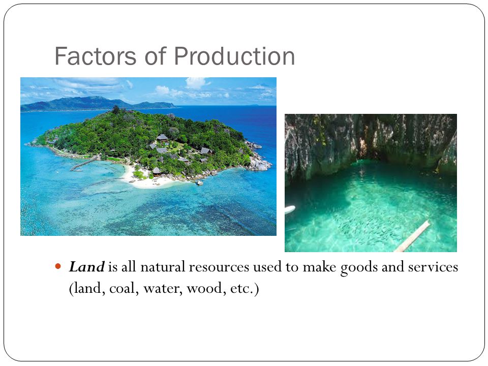 Factors of Production Land is all natural resources used to make goods and services (land, coal, water, wood, etc.)