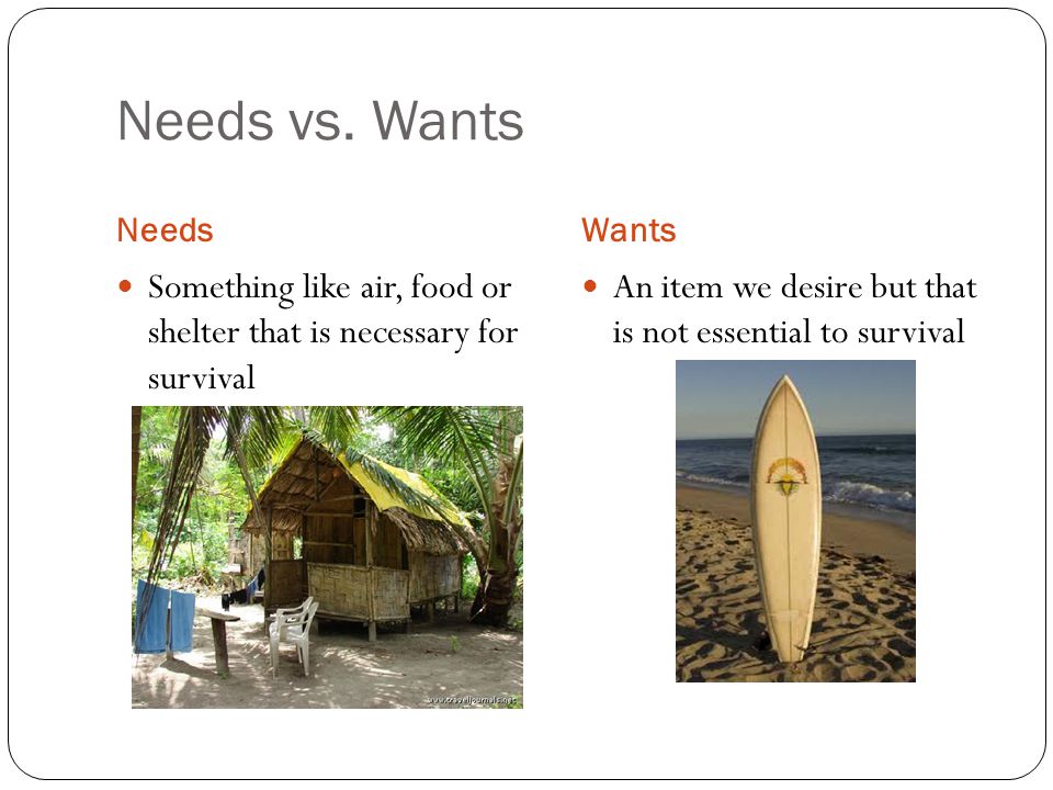 Needs vs. Wants Needs. Wants. Something like air, food or shelter that is necessary for survival.