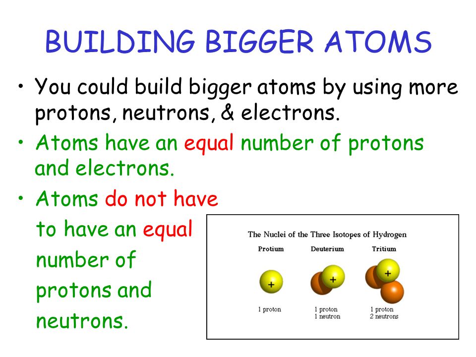 BUILDING BIGGER ATOMS You could build bigger atoms by using more protons, neutrons, & electrons.