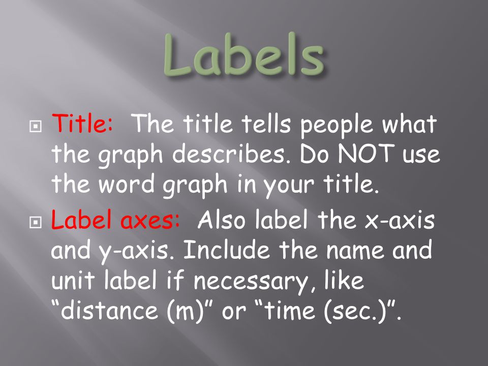 Labels Title: The title tells people what the graph describes. Do NOT use the word graph in your title.