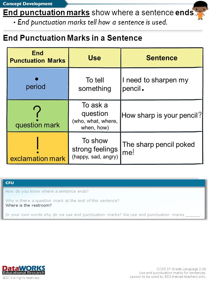 ! End punctuation marks show where a sentence ends.