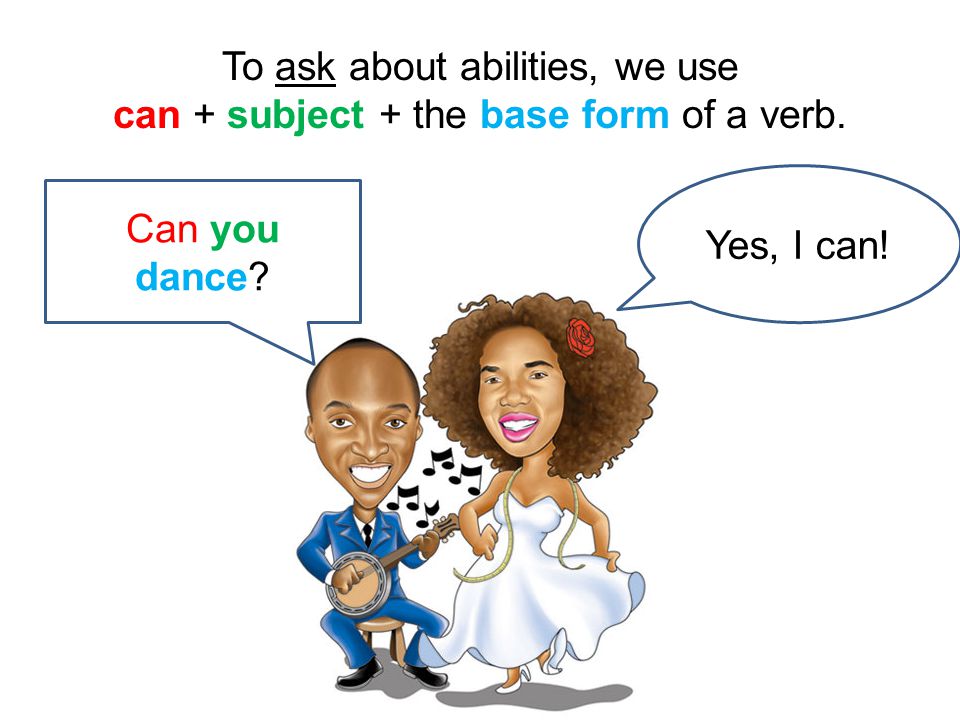 To ask about abilities, we use can + subject + the base form of a verb.