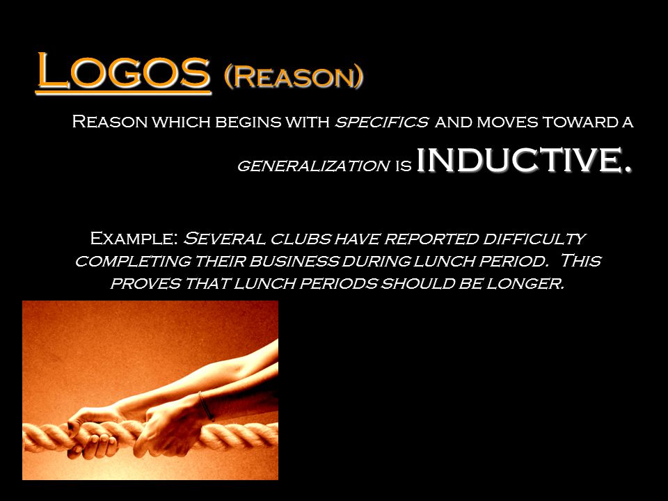 Logos Logos (Reason) Reason which begins with specifics and moves toward a generalization is inductive.