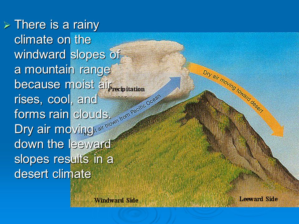 There is a rainy climate on the windward slopes of a mountain range because moist air rises, cool, and forms rain clouds.