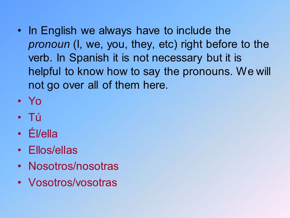 In English we always have to include the pronoun (I, we, you, they, etc) right before to the verb. In Spanish it is not necessary but it is helpful to know how to say the pronouns. We will not go over all of them here.