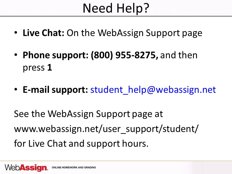 Need Help Live Chat: On the WebAssign Support page