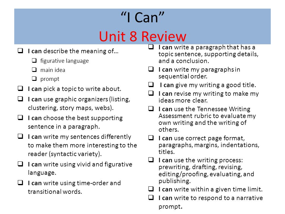 I Can Unit 8 Review I can write a paragraph that has a topic sentence, supporting details, and a conclusion.