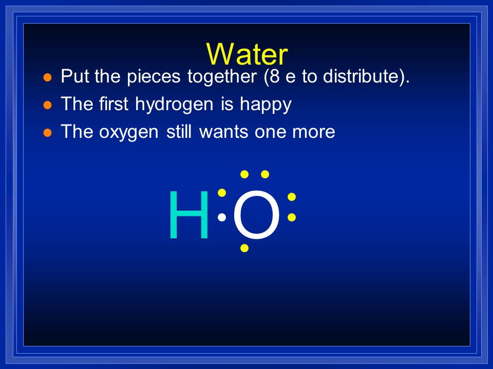 H O Water Put the pieces together (8 e to distribute).