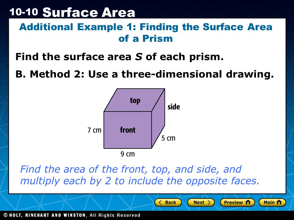 Additional Example 1: Finding the Surface Area of a Prism